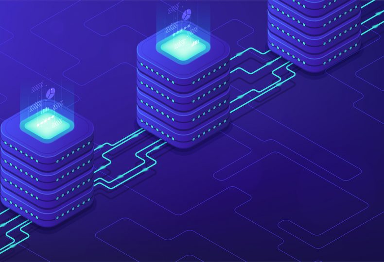 Isometric server-side processing concept. DNS, data tables, paging, searching, ordering, SQL engine, remote server, communications protocol on blue background. Vector 3d isometric illustration.