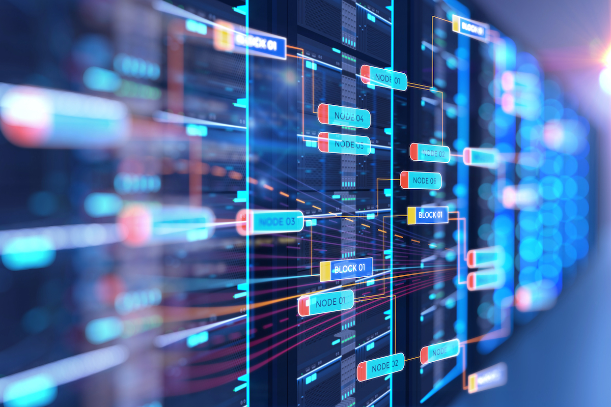 server room 3d illustration with node base programming data design element.