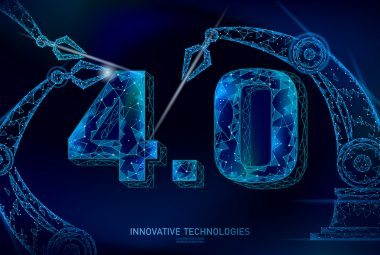 Low poly future industrial revolution concept. Industry 4.0 number assembled by robotic arm. Online technology industry management. 3D polygonal innovation system vector illustration