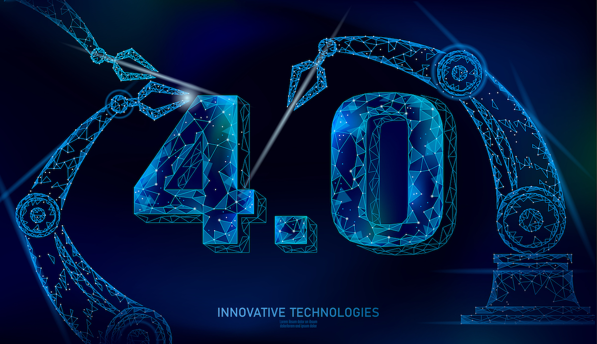 Low poly future industrial revolution concept. Industry 4.0 number assembled by robotic arm. Online technology industry management. 3D polygonal innovation system vector illustration