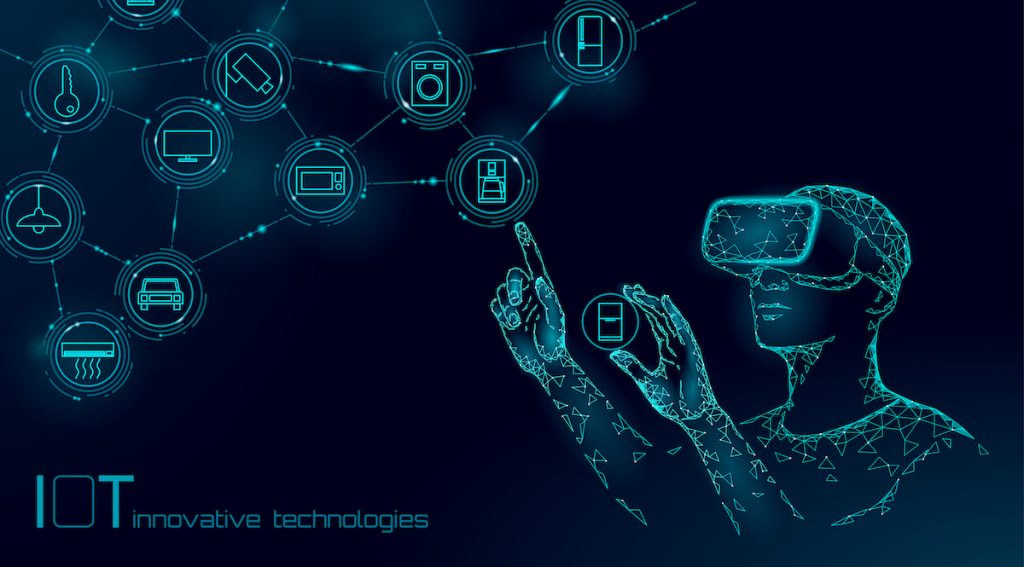 Internet of things modern operation by vr glasses innovation technology concept. Wireless communication augmented reality network IOT ICT. Home intelligent system automation vector illustration