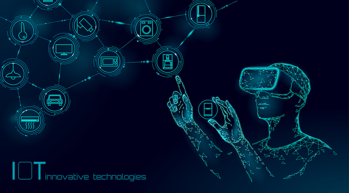 Internet of things modern operation by vr glasses innovation technology concept. Wireless communication augmented reality network IOT ICT. Home intelligent system automation vector illustration