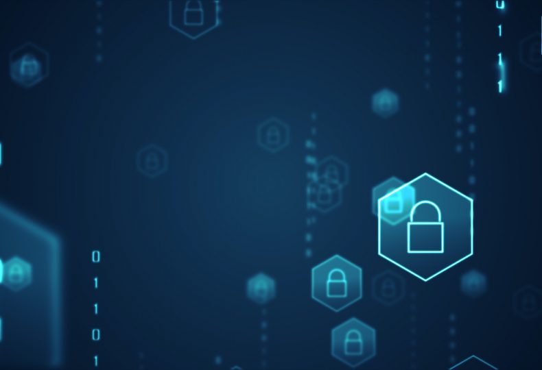 Cyber security concept. Shield With Keyhole icon on digital data background.