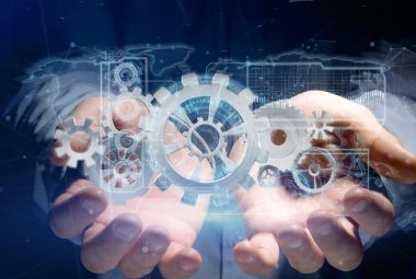 Man holding a technology gear wheel interface3d rendering