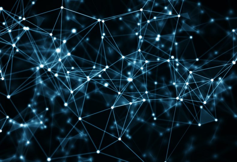 abstract blue geometrical background with moving lines and dots. 3d illustration