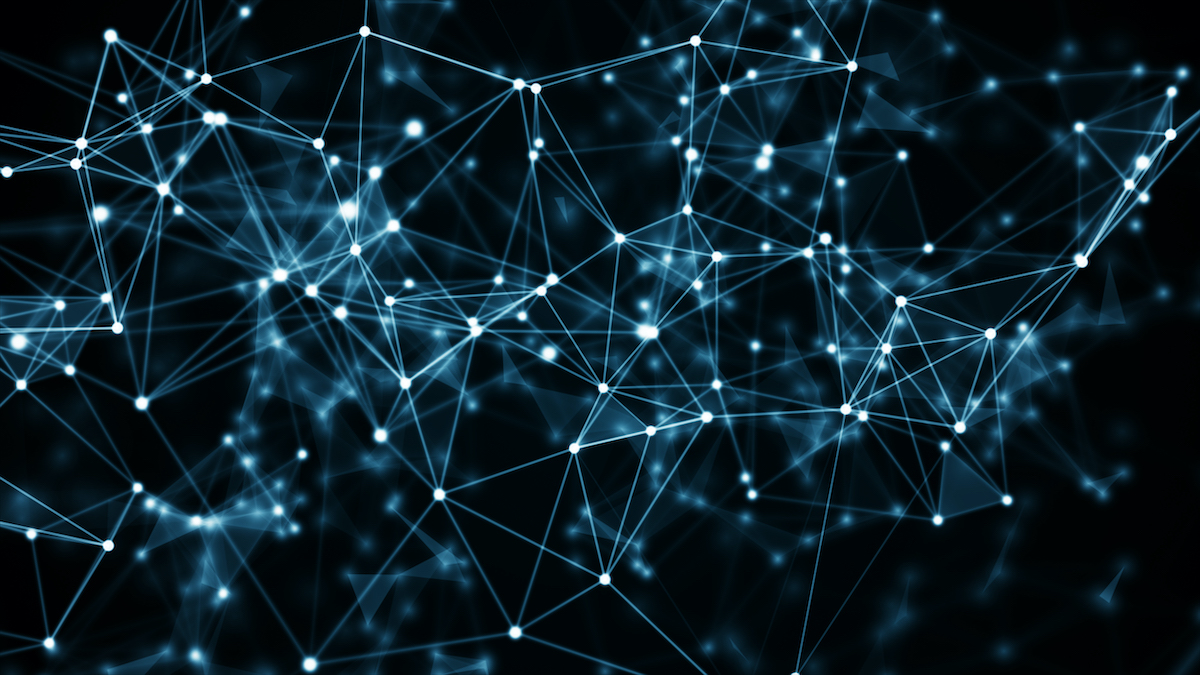 abstract blue geometrical background with moving lines and dots. 3d illustration