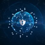 Shield icon cyber security, Digital data network protection, Technology digital network data connection, Digital cyberspace future background concept.