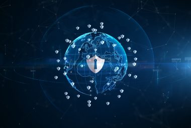 Shield icon cyber security, Digital data network protection, Technology digital network data connection, Digital cyberspace future background concept.