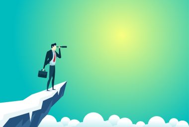 business people illustration of businessman top mountain looking use telescope