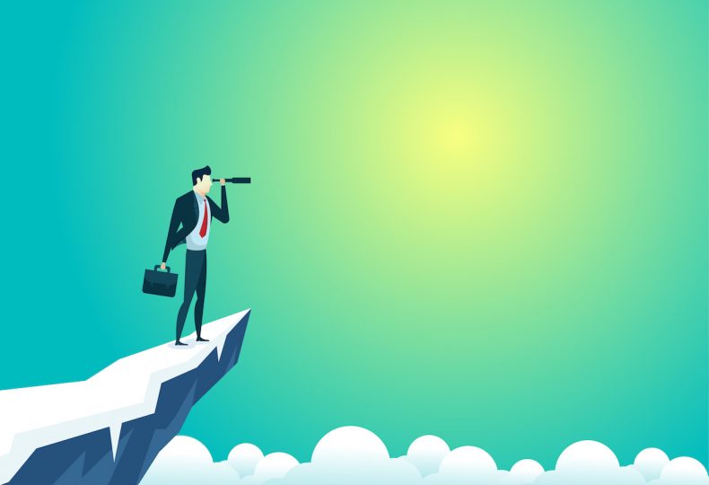 business people illustration of businessman top mountain looking use telescope