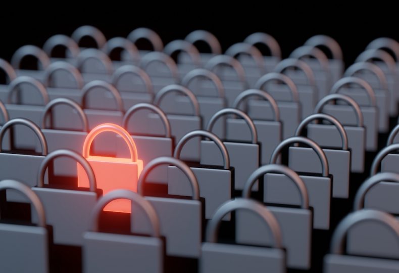 3d-rendering-rows-columns-steel-iron-pad-locks-with-one-stand-out-glowing-red-hot-metal