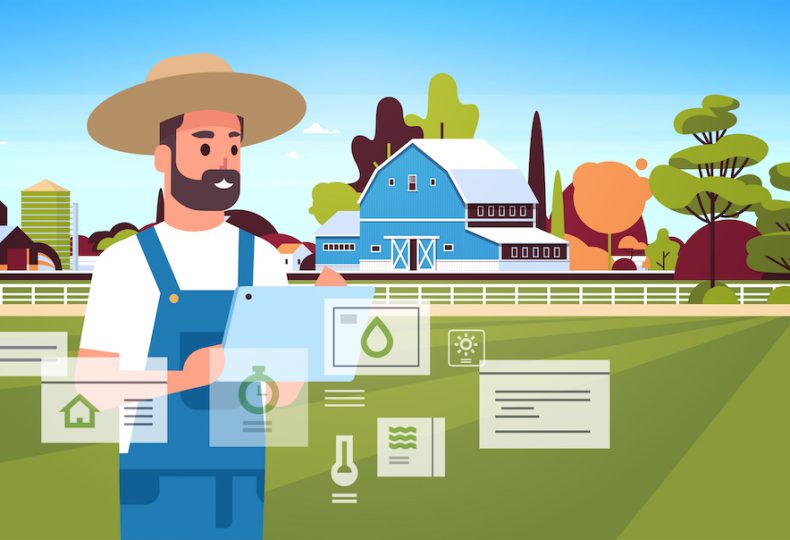 man farmer with tablet monitoring condition controlling agricultural products organization of harvesting smart farming concept farm building landscape background flat horizontal portrait
