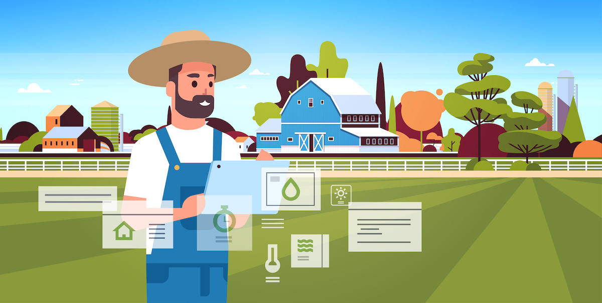 man farmer with tablet monitoring condition controlling agricultural products organization of harvesting smart farming concept farm building landscape background flat horizontal portrait